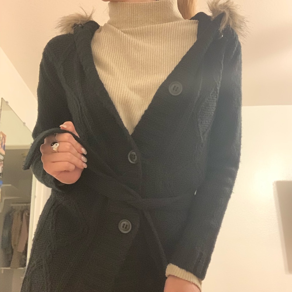 Vintage Black Cardigan with Faux Fur Trim